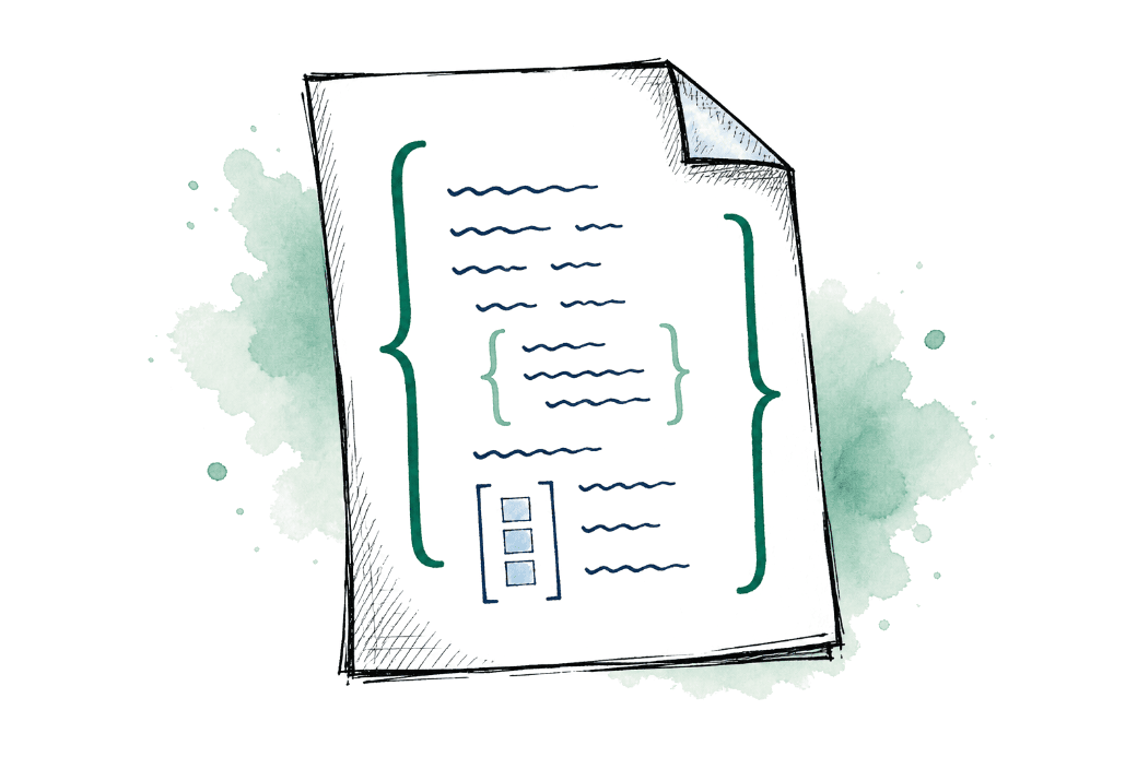 Hand-drawn sketch of a document: a page with curly braces wrapping rows of fields, a nested subdocument, and a small array