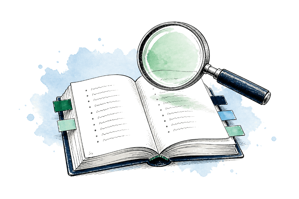 Hand-drawn sketch of an open book with tabbed bookmarks and a magnifying glass hovering over an index page